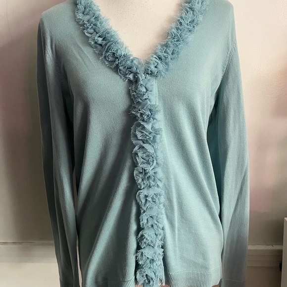 Talbots • Light Teal Blue Cardigan with Ruffle Trim - Picture 2 of 6